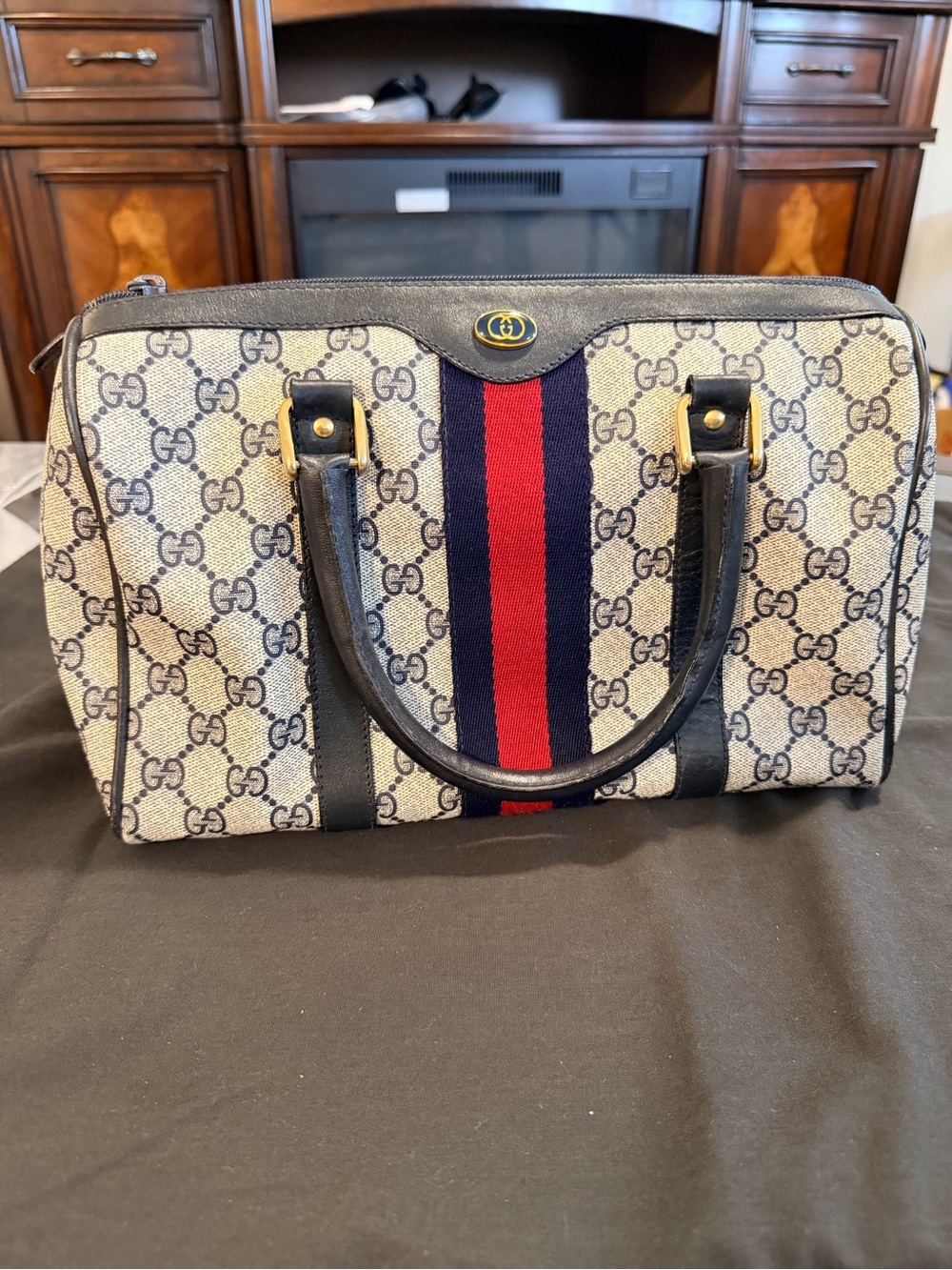 Gucci GG Canvas handbag with Navy and Red Web Stripe